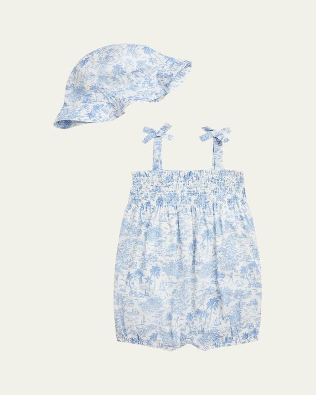 Girl's Printed Bubble Romper W/ Hat Set, Size 3M-24